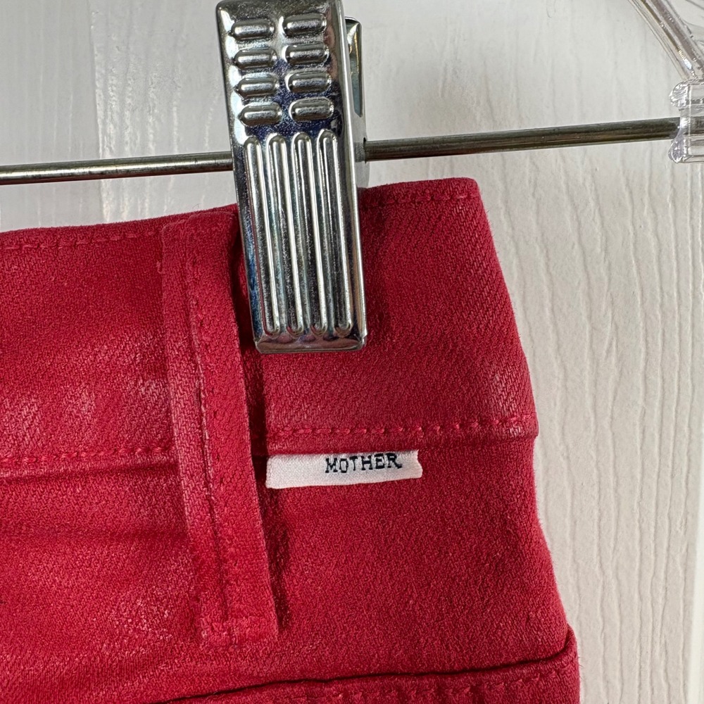 Mother The Hustler Ankle Fray Jeans 27 Red High-Rise Flare Raw Hem Coated Denim - Picture 10 of 10